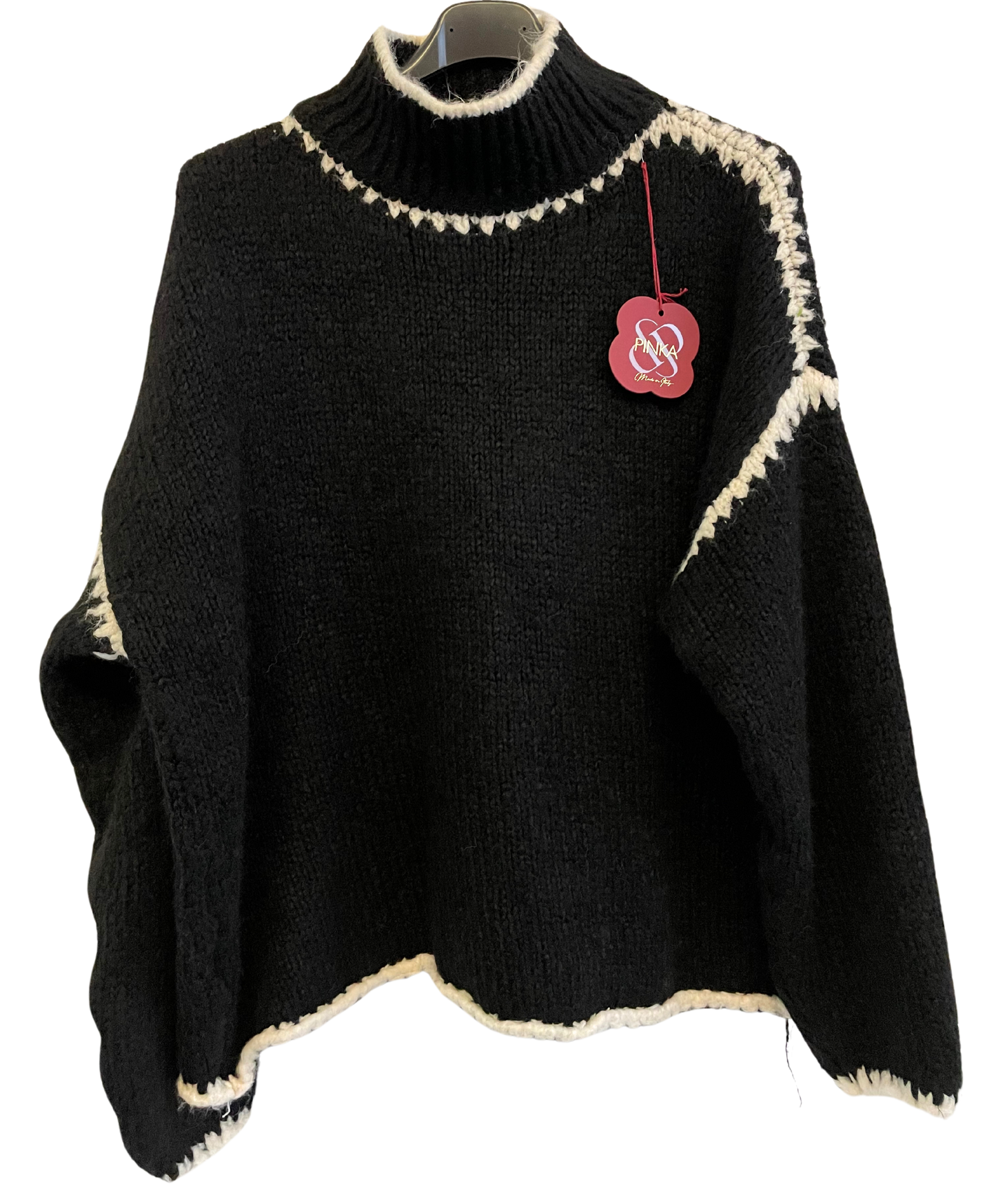 Soft Knitted Italian High Neck Jumper with Blanket Stitch Edging in Black