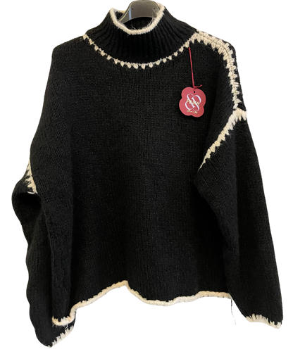 Soft Knitted Italian High Neck Jumper with Blanket Stitch Edging in Black