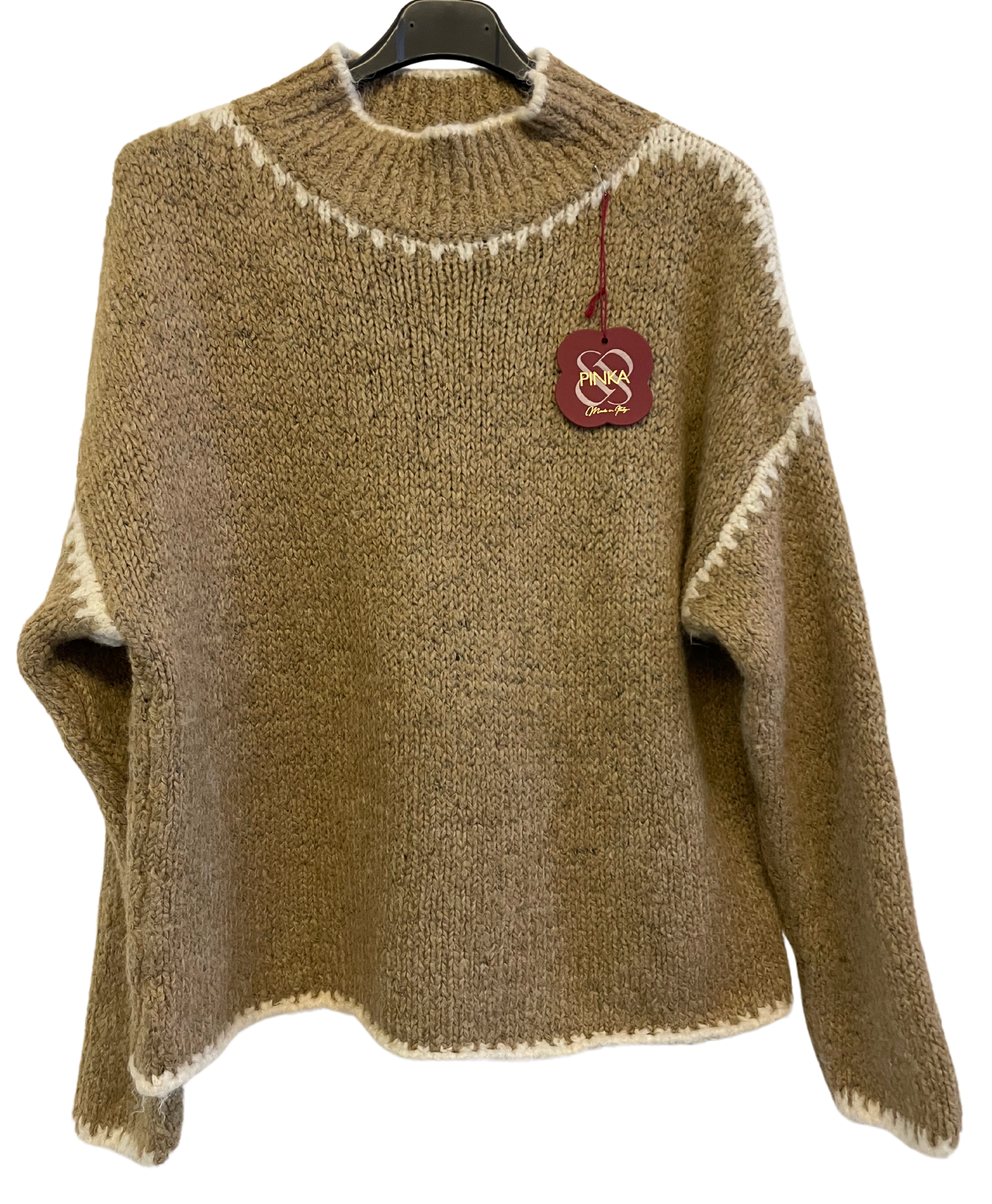 Soft Knitted Italian High Neck Jumper with Blanket Stitch Edging in Camel