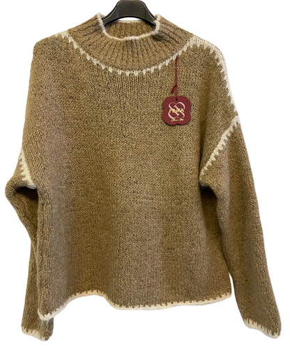 Soft Knitted Italian High Neck Jumper with Blanket Stitch Edging in Camel