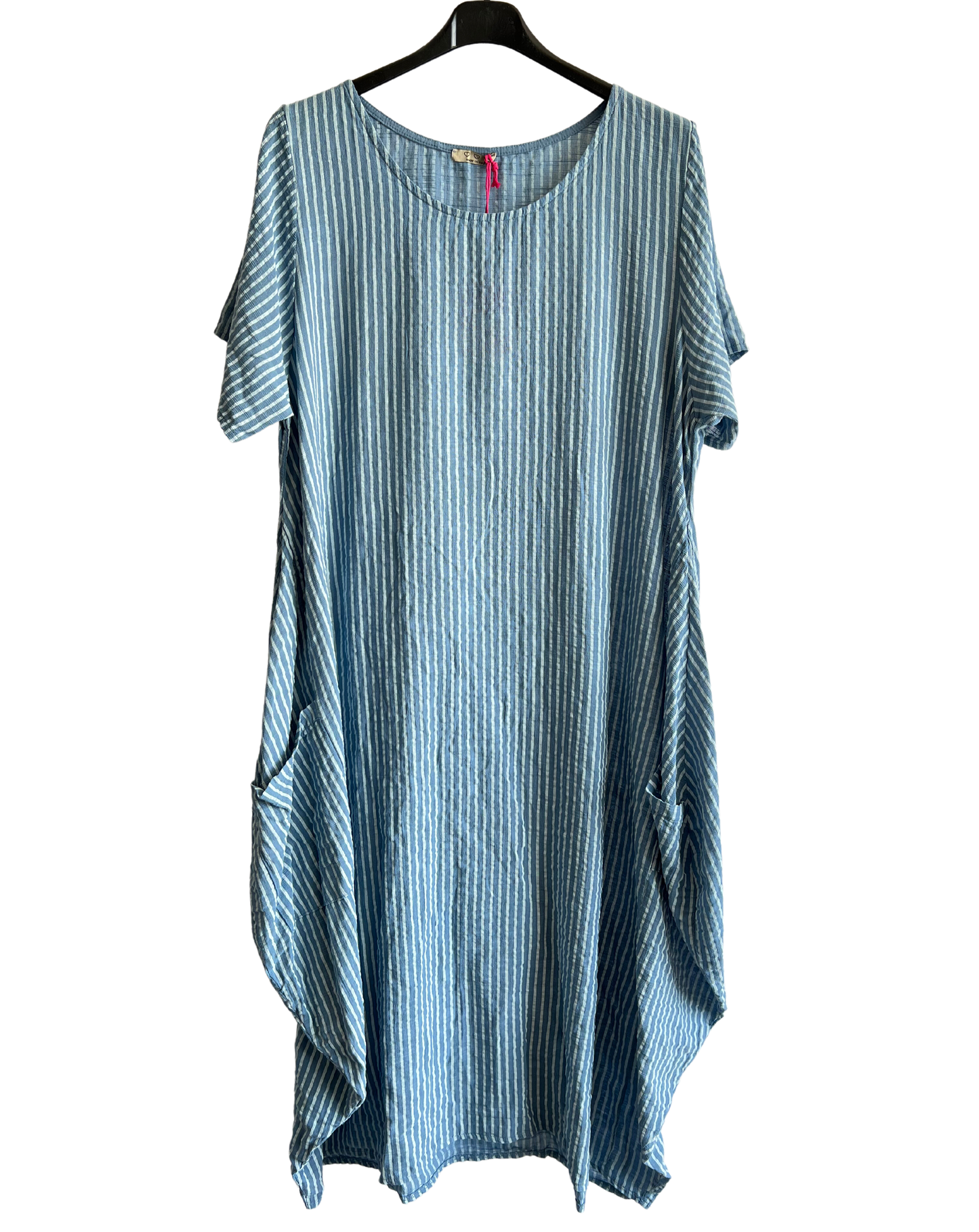 Lagenlook Stripe Cotton Summer Long Dress In Light Blue