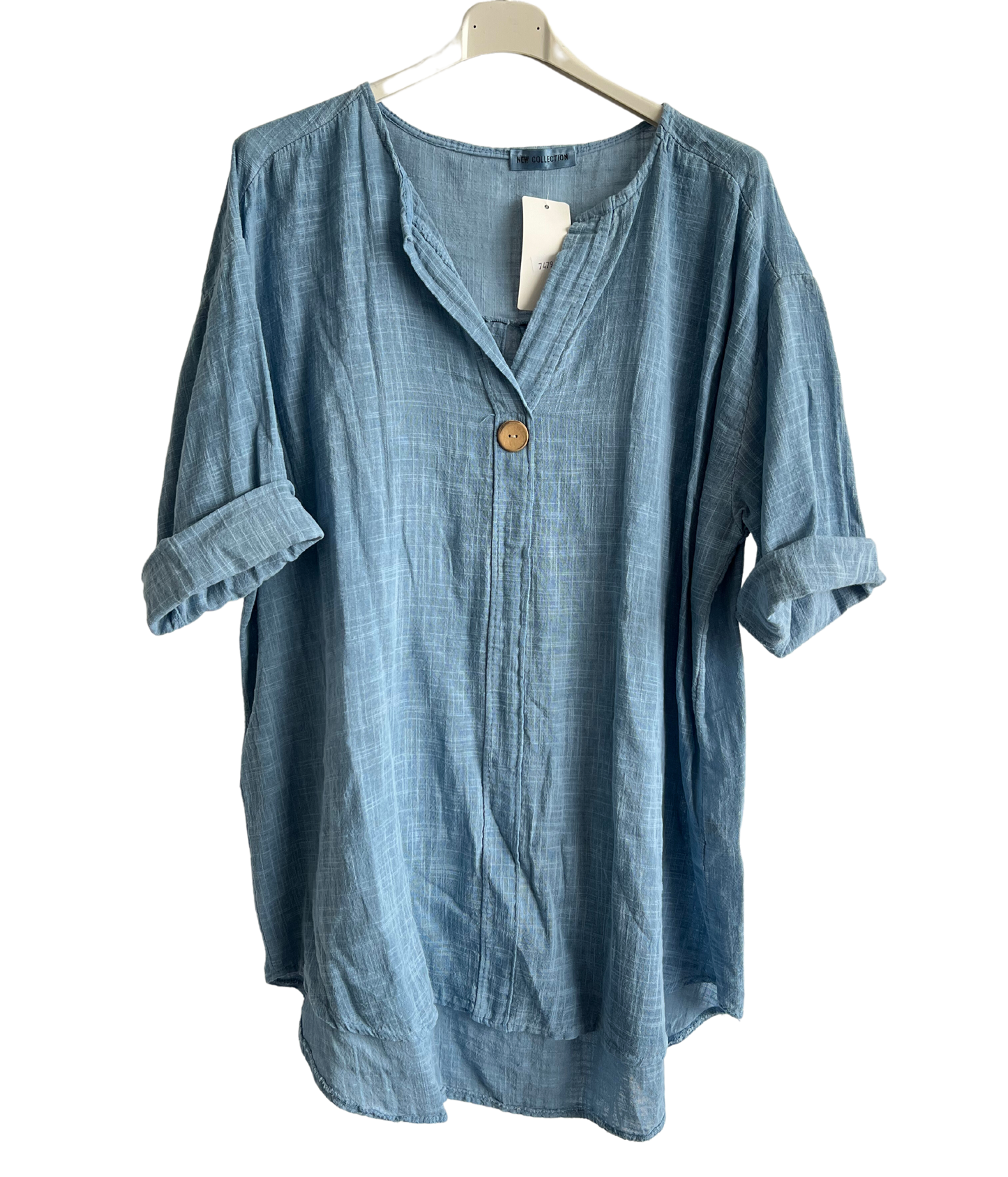 Oversized Cotton & Linen Blend Button Top In Denim Blue