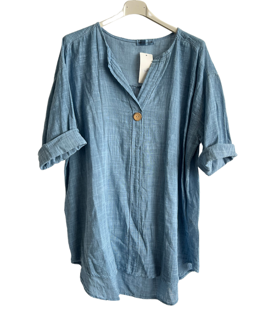 Oversized Cotton & Linen Blend Button Top In Denim Blue