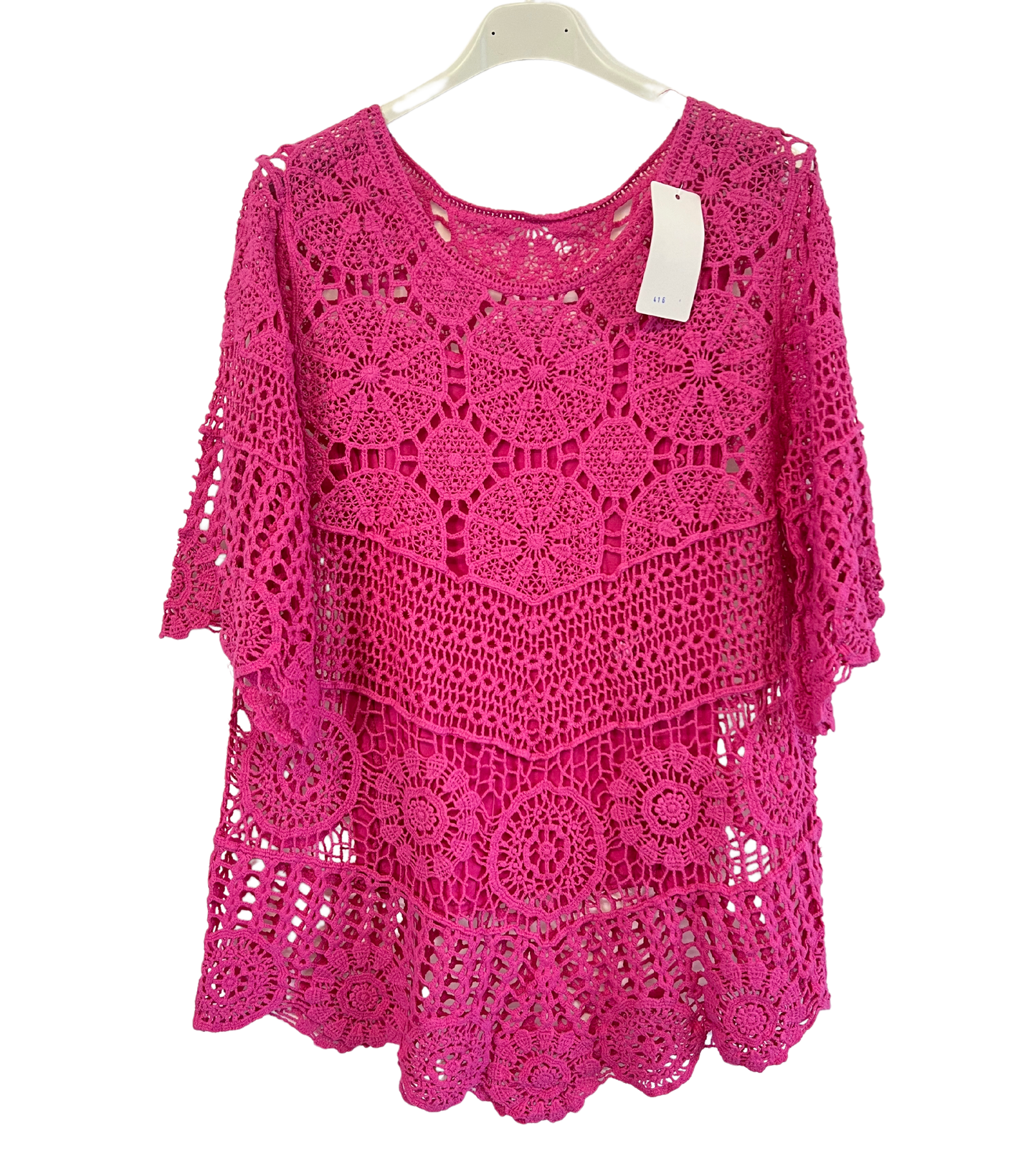 2 Piece Set Crochet Quirky Casual Tunic Top with Matching Vest in Fuchsia