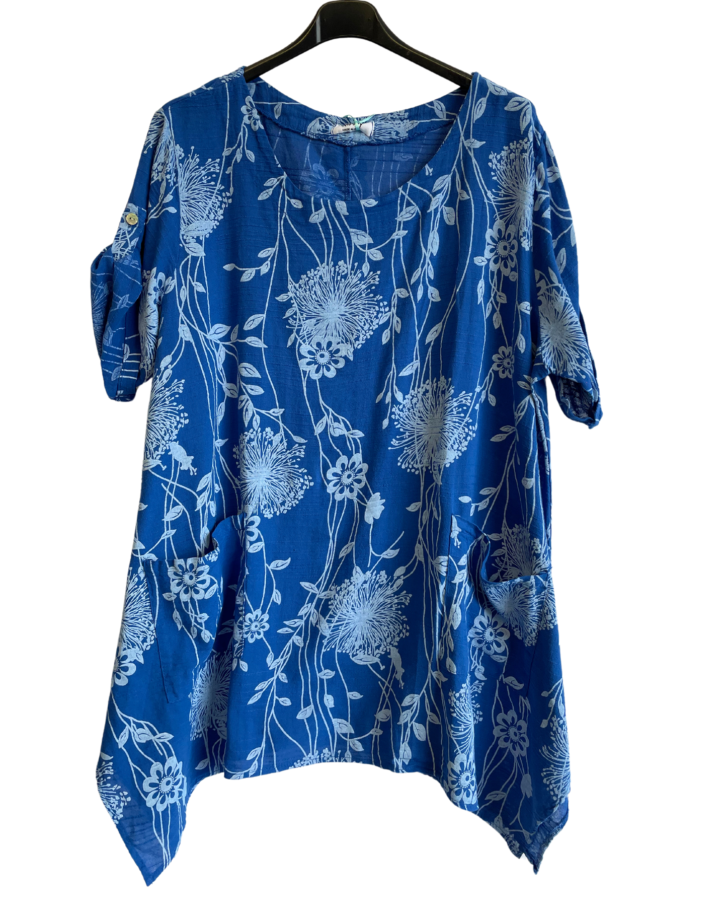 Lightweight Oversized 2 Pocket Floral Cotton & Linen Top in Royal Blue