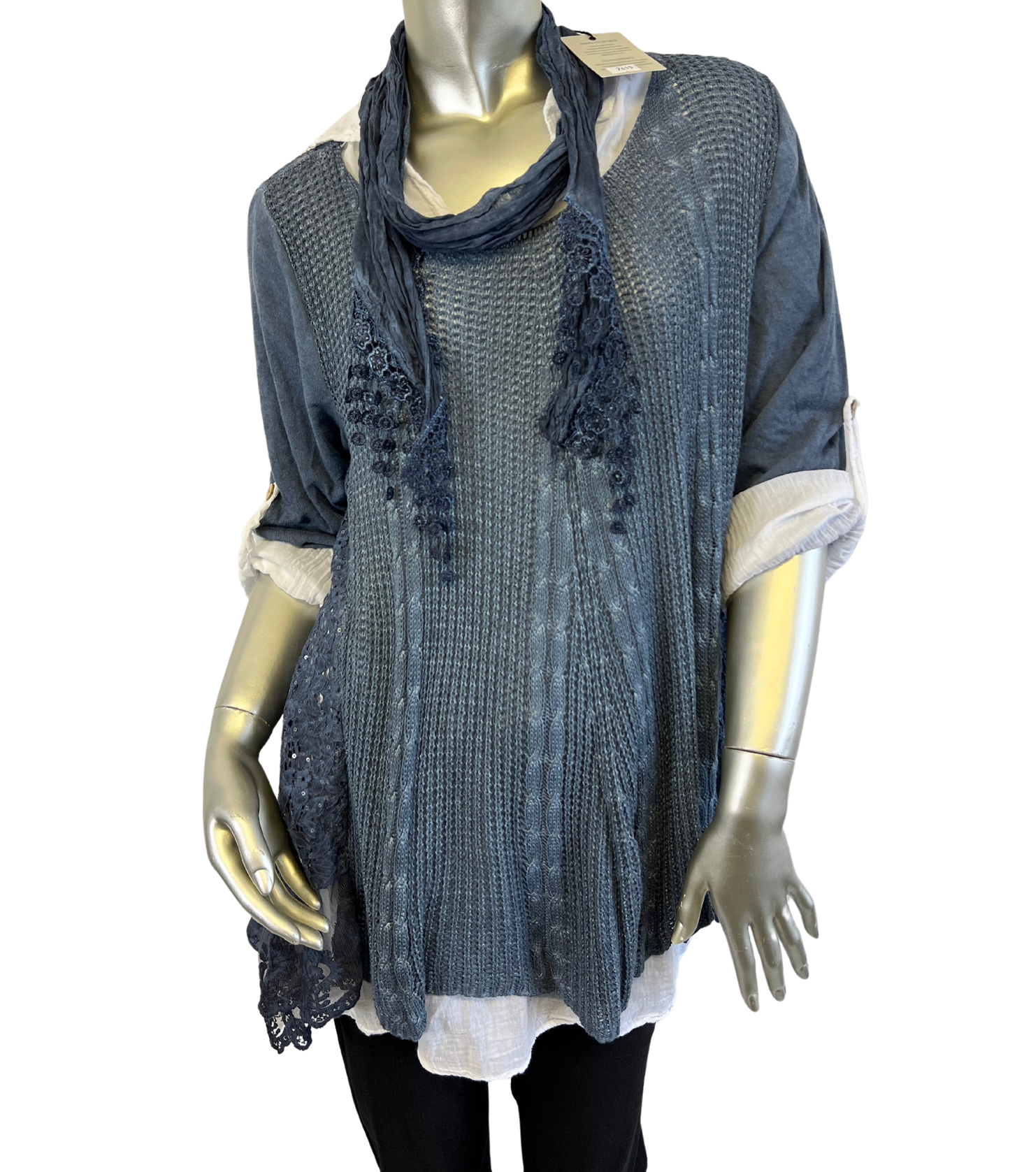 3 Piece Cotton Shirt with Knitted Overtop Tunic and Scarf in Navy