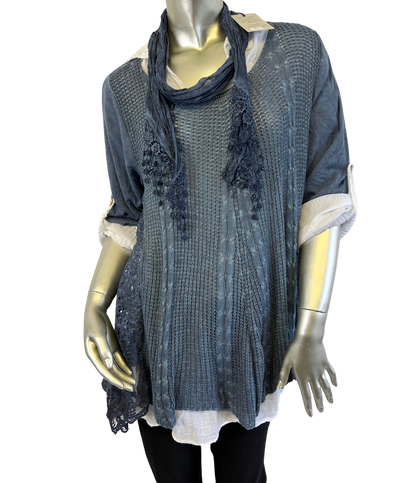 3 Piece Cotton Shirt with Knitted Overtop Tunic and Scarf in Navy