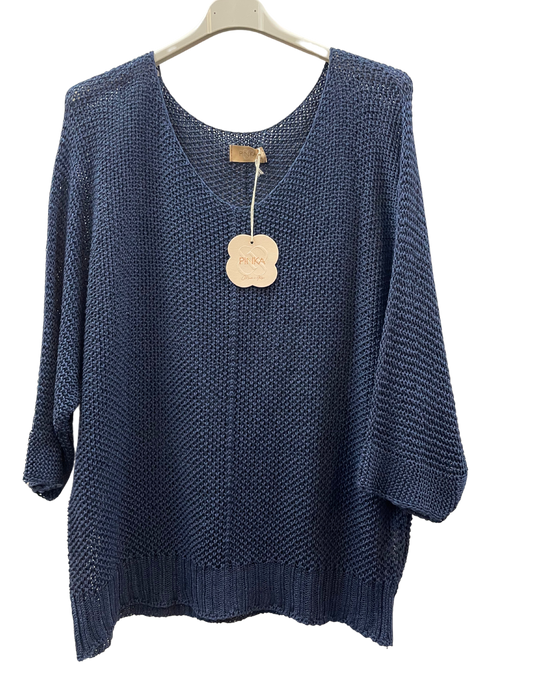 Oversized Lagenlook V Neck Knit Crochet Top in Navy