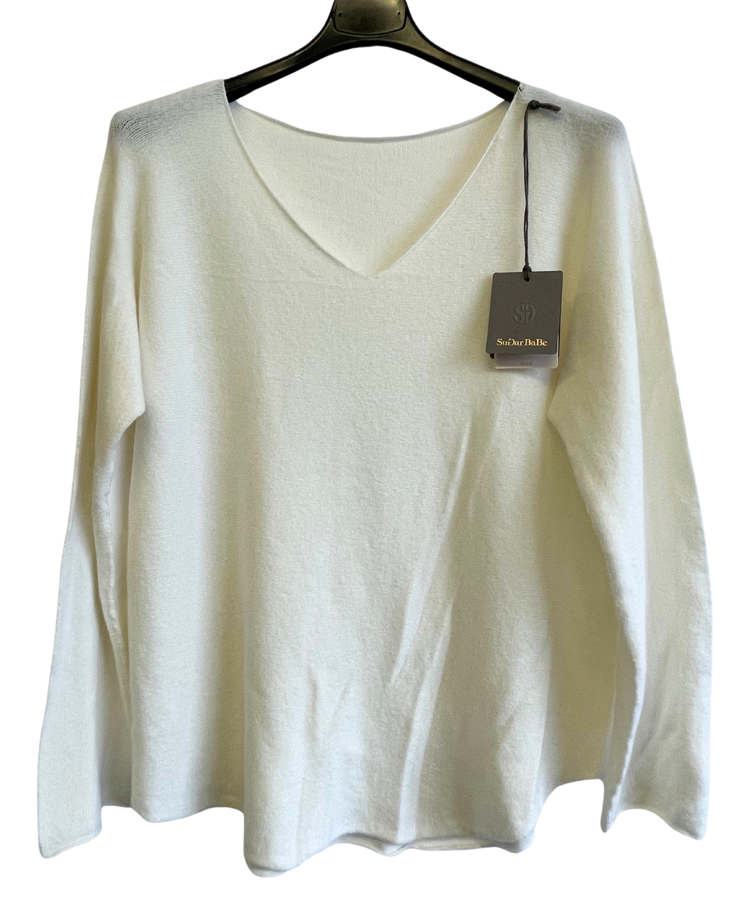 Soft Knit V-Neck Curved Hem Jumper in Off-White Cream