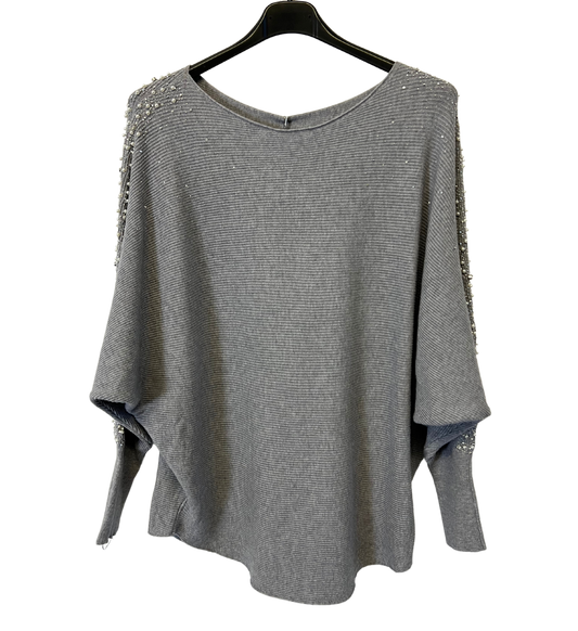 Pearl Diamante Sparkly Batwing Sleeve Jumper in Grey