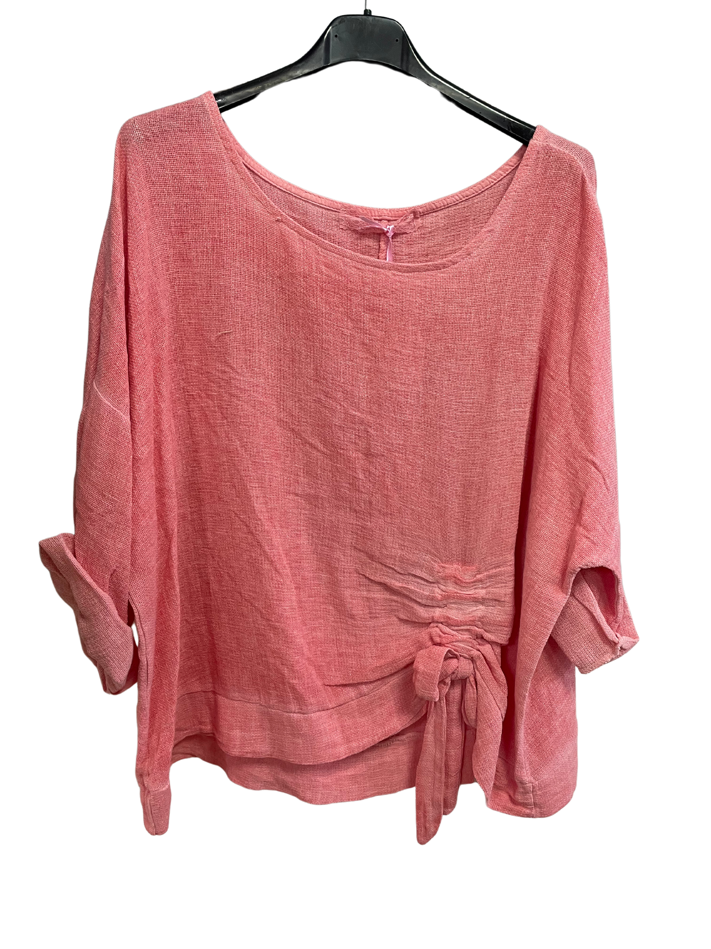 Summer Lagenlook Italian Scoop Neck Ruched Linen Top in Coral