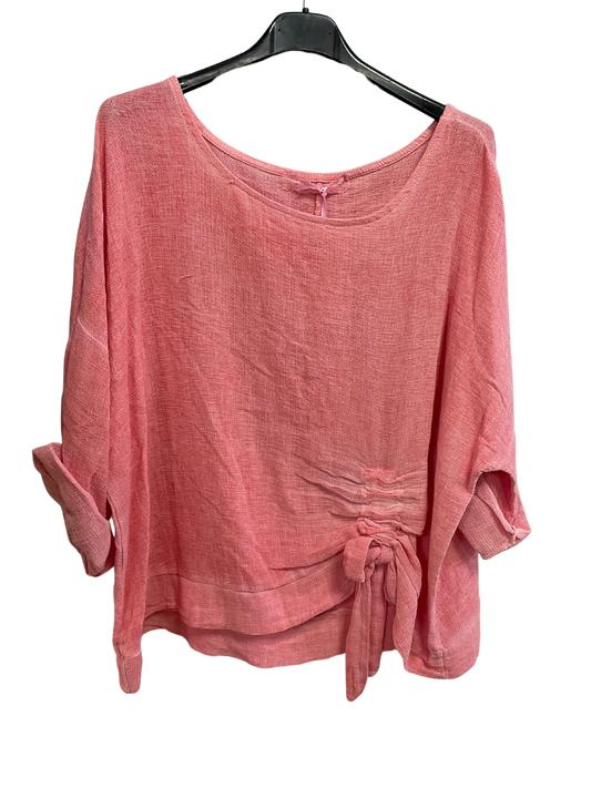 Summer Lagenlook Italian Scoop Neck Ruched Linen Top in Coral