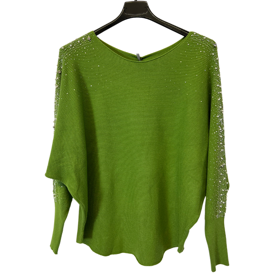 Pearl Diamante Sparkly Batwing Sleeve Jumper in Lime Green