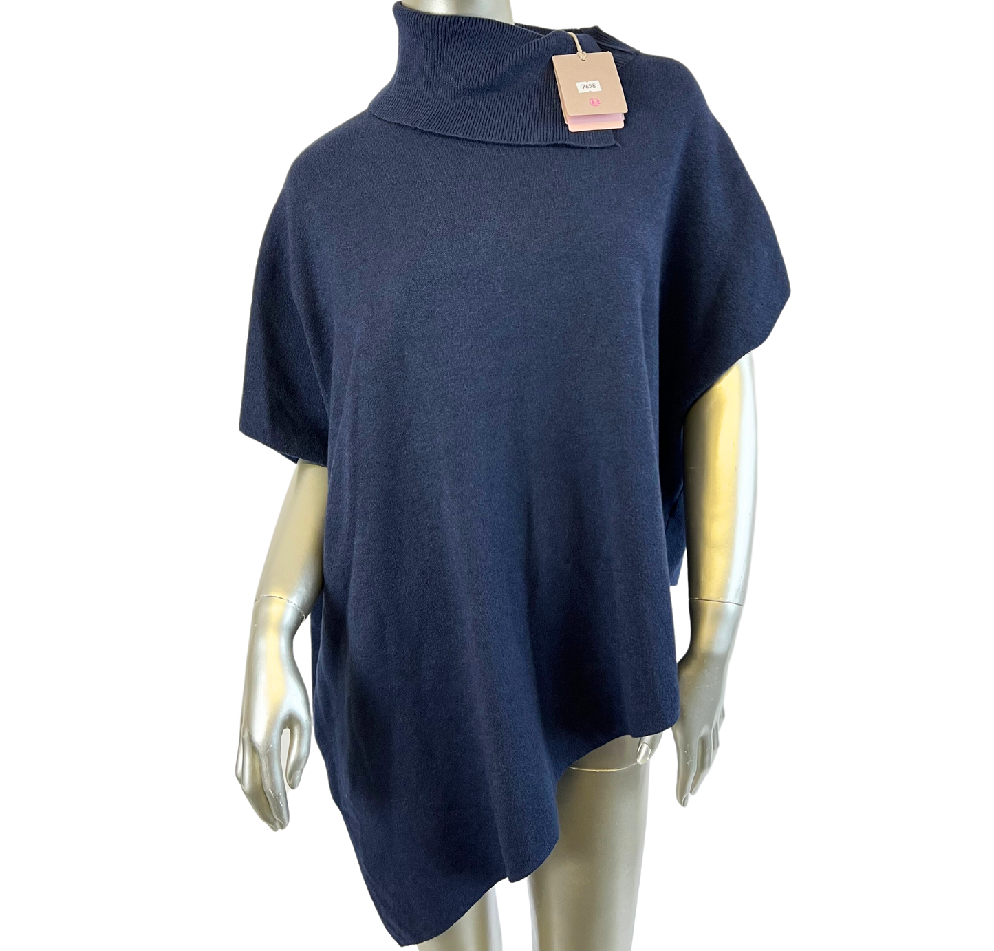 Asymmetrical Cowl Neck Soft Knitted Jumper Poncho in Navy