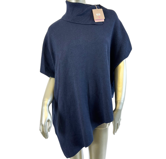 Asymmetrical Cowl Neck Soft Knitted Jumper Poncho in Navy