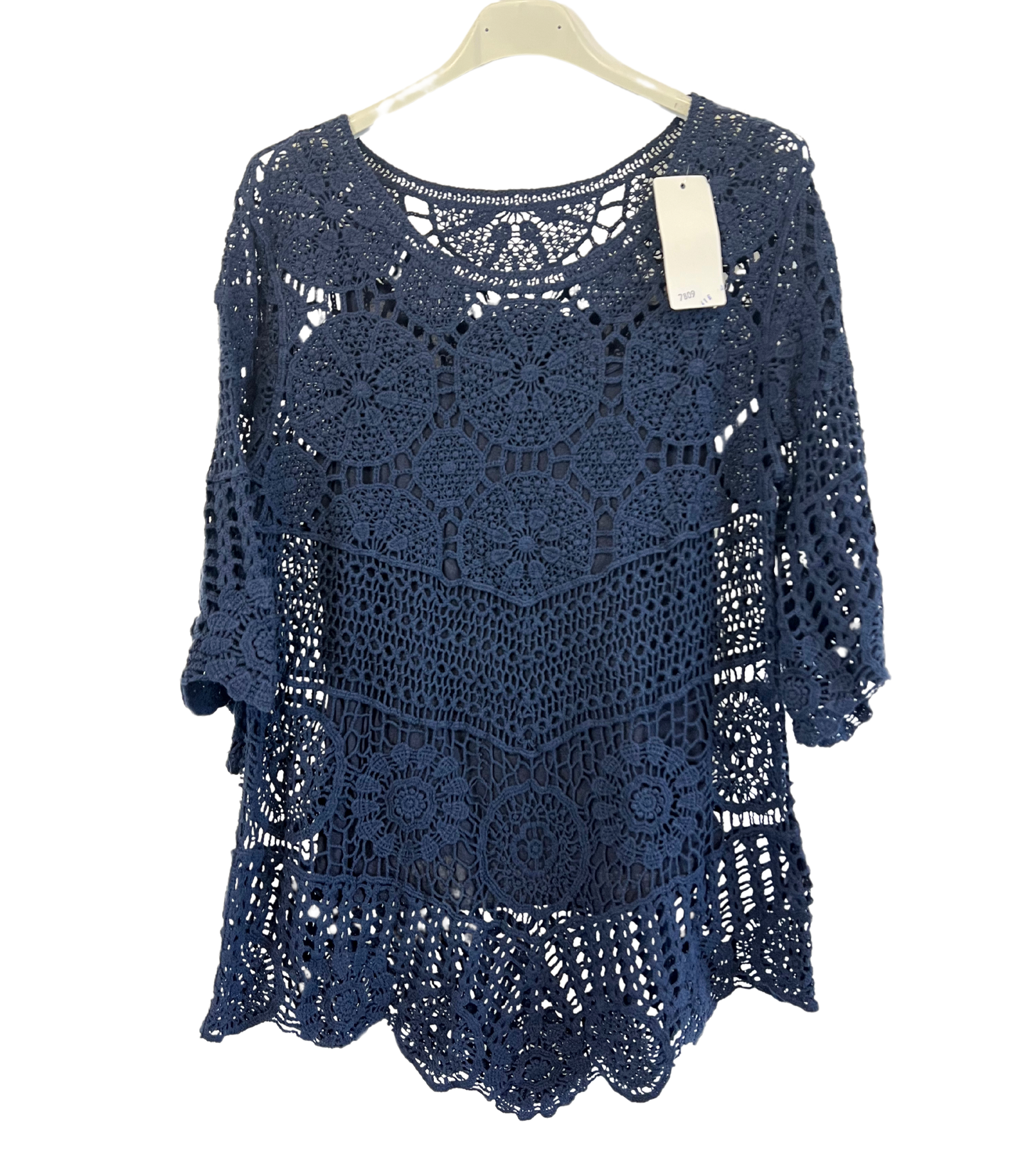 2 Piece Set Crochet Quirky Casual Tunic Top with Matching Vest in Navy