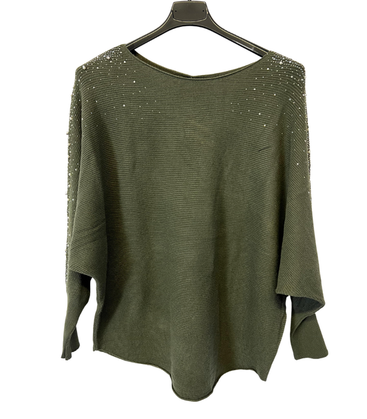 Pearl Diamante Sparkly Batwing Sleeve Jumper in Khaki