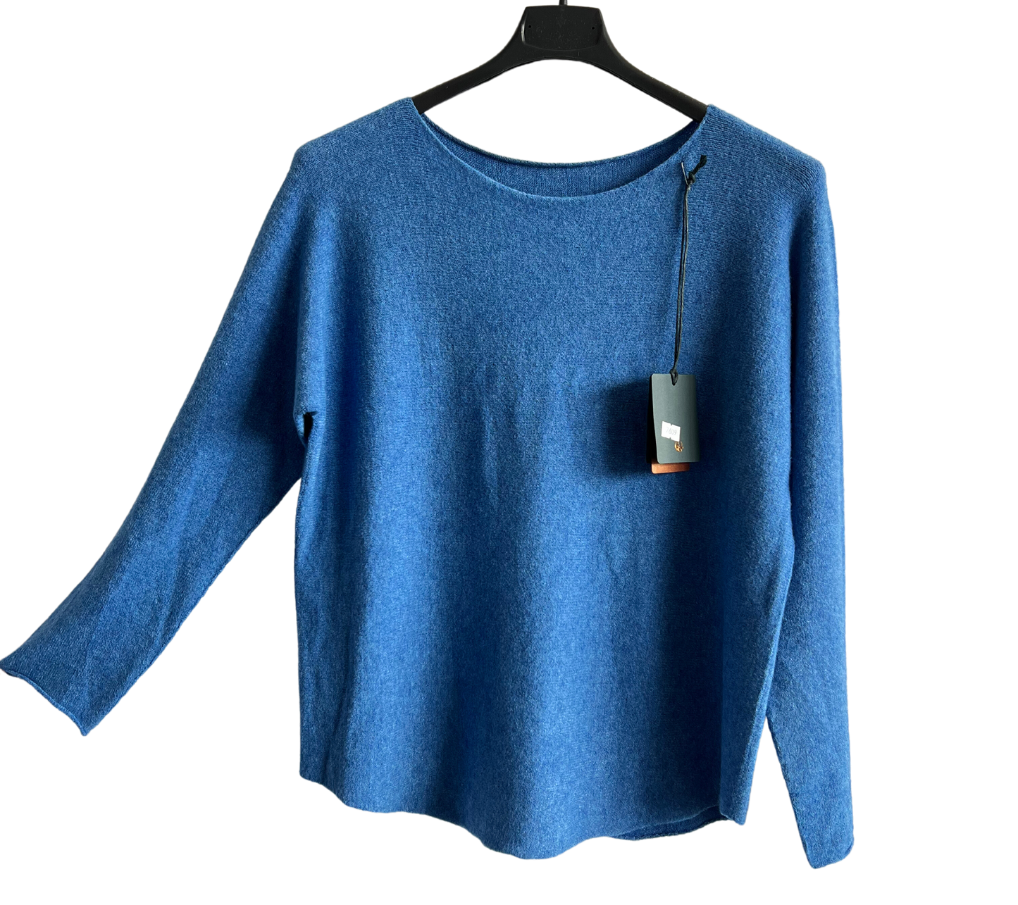 Soft Round Neck Jumper with Curved Hem In Denim Blue