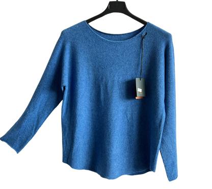 Soft Round Neck Jumper with Curved Hem In Denim Blue