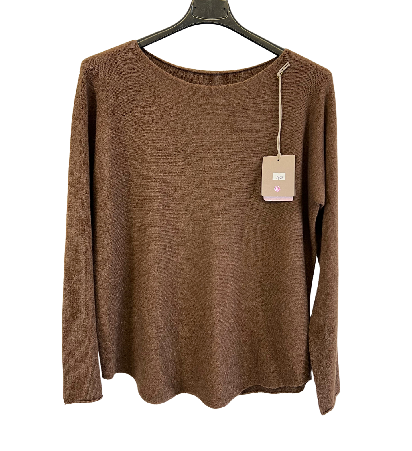 Soft Round Neck Jumper with Curved Hem In Brown