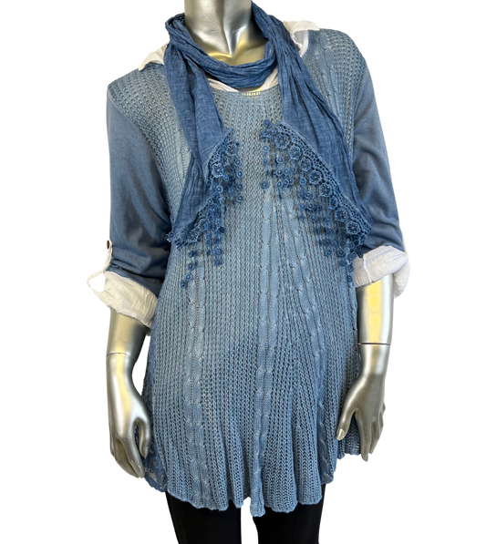 3 Piece Cotton Shirt with Knitted Overtop Tunic and Scarf in Denim