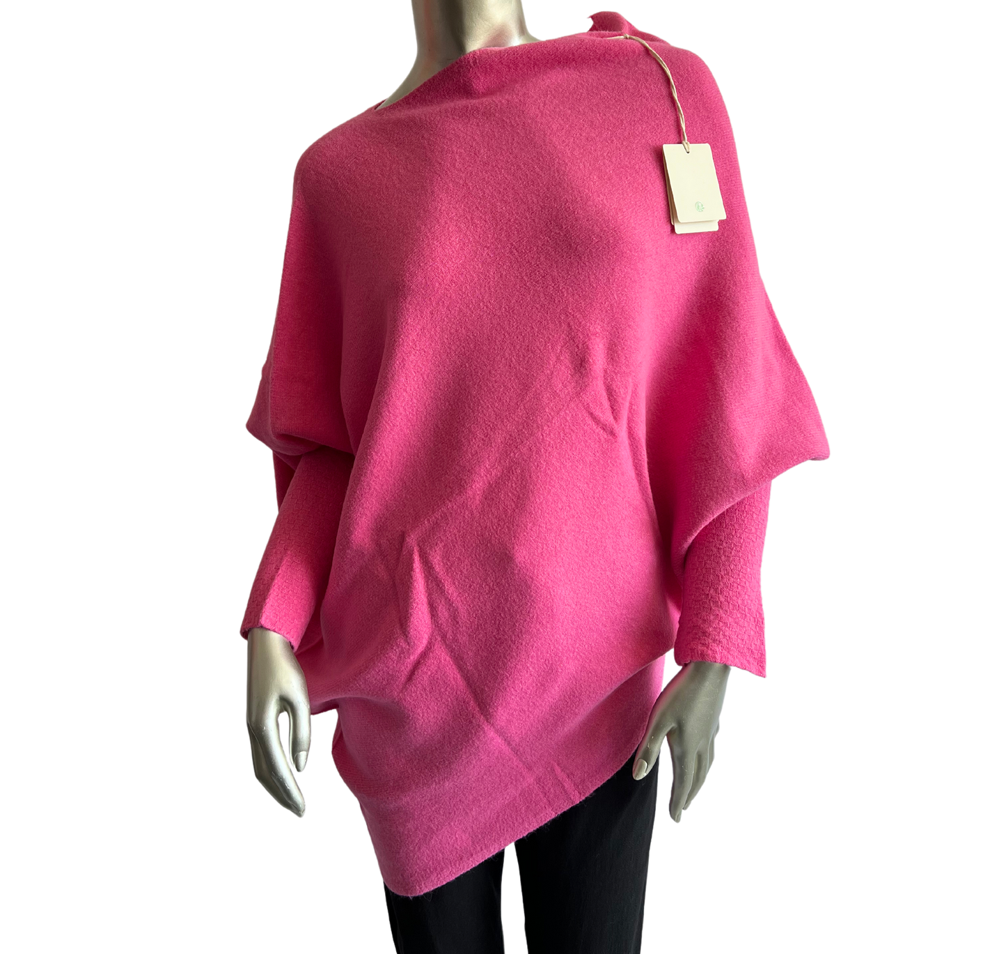 Asymmetric Draped Slouch Neck Soft Jumper with Long Fitted Sleeves in Light Fuchsia