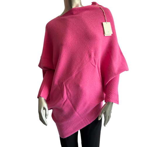 Asymmetric Draped Slouch Neck Soft Jumper with Long Fitted Sleeves in Light Fuchsia