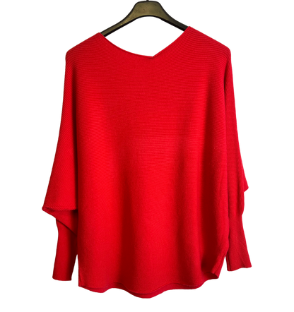 Sequin Star Batwing Sleeve Fine Knit Jumper in Red