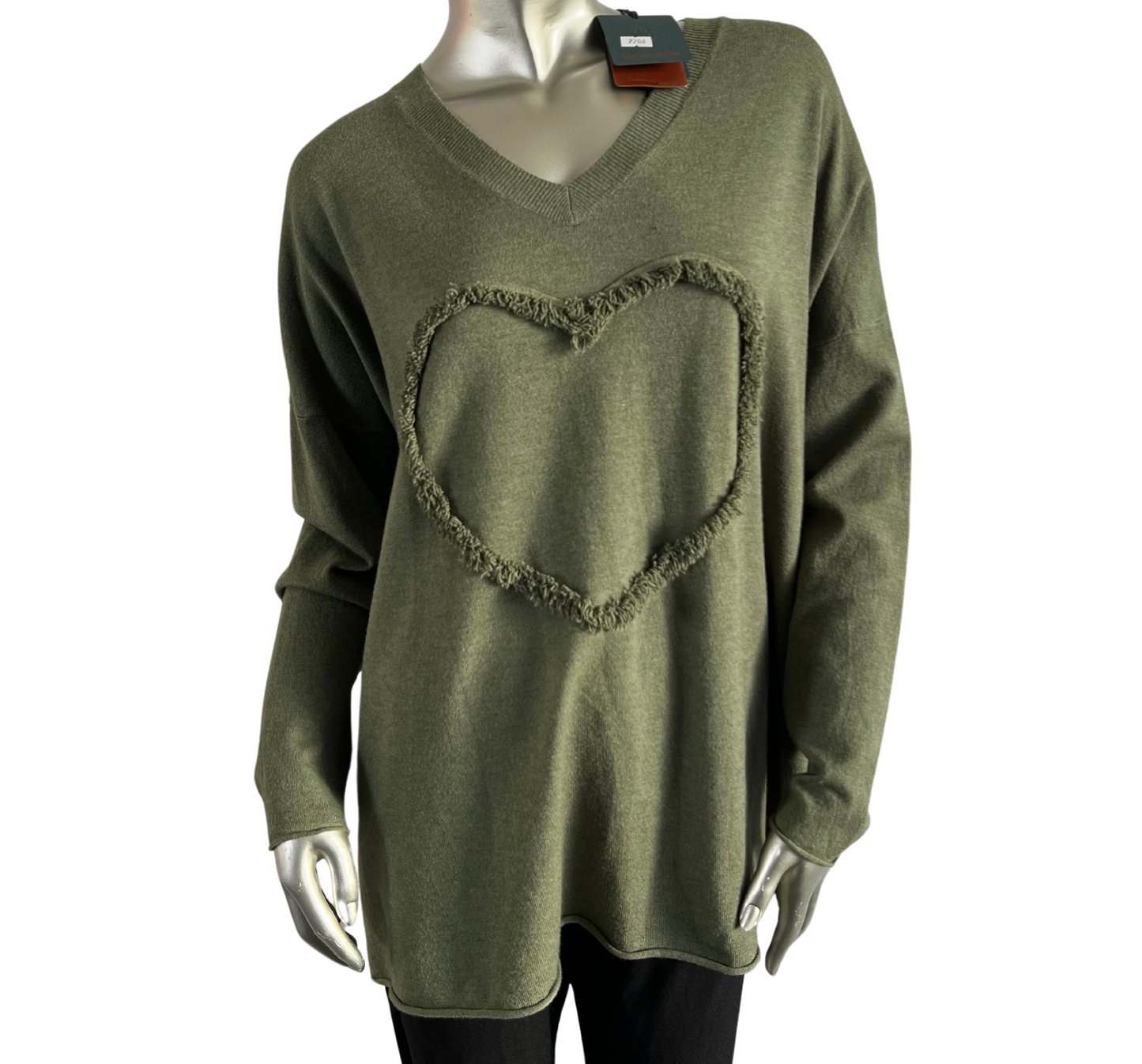 Soft Knit Embossed Heart Design V-Neck Jumper in Khaki