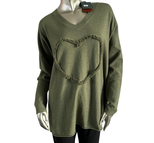 Soft Knit Embossed Heart Design V-Neck Jumper in Khaki