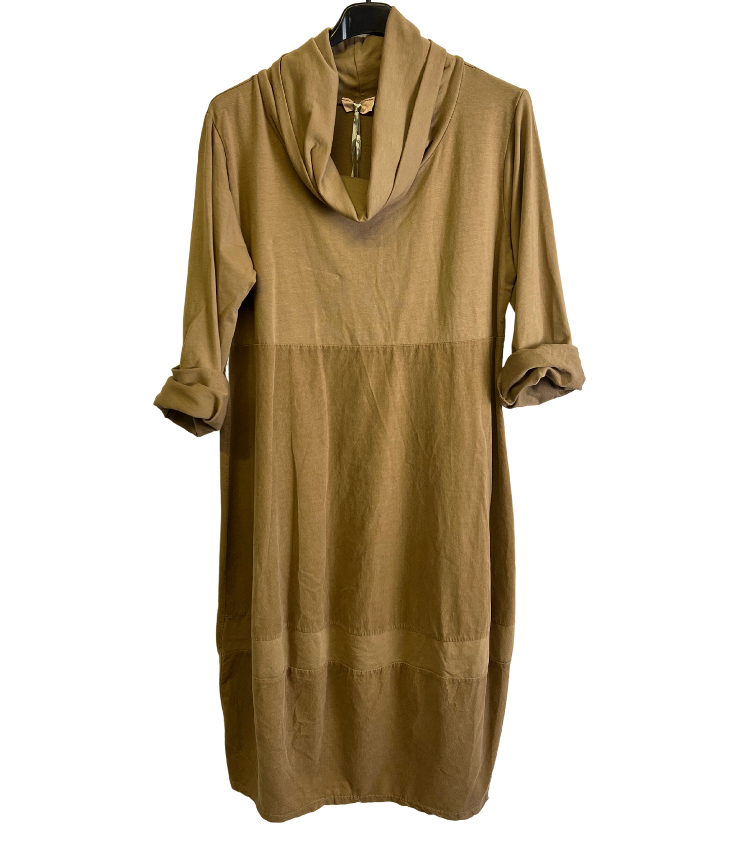 Cowl Neck Long Sleeve Cord Panel Jersey Dress In Camel