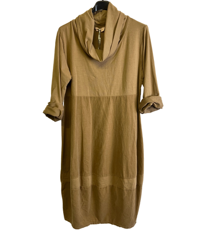 Cowl Neck Long Sleeve Cord Panel Jersey Dress In Camel