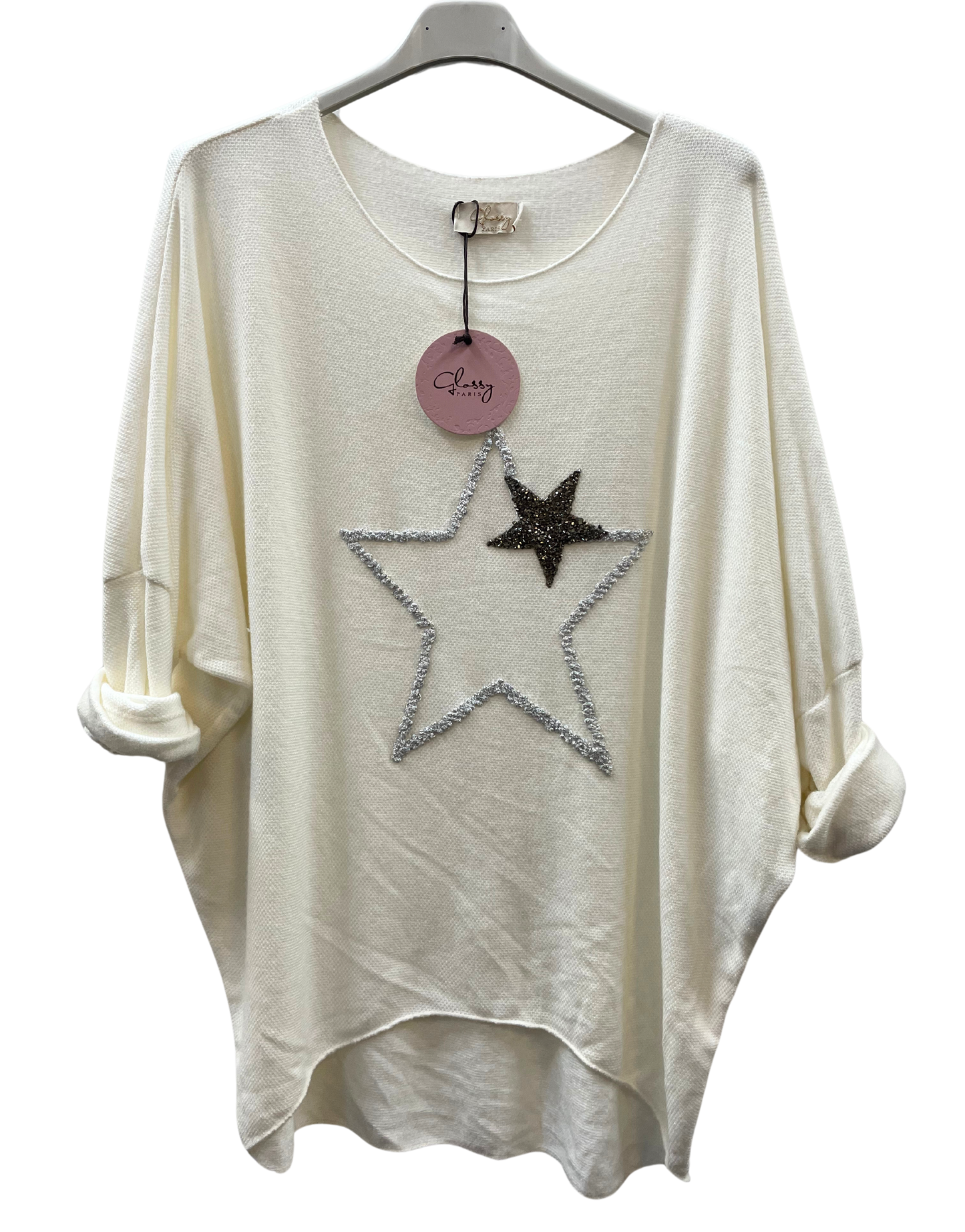 Soft Knit Curved Hem Sparkle Star Design Jumper Top in Off White Cream