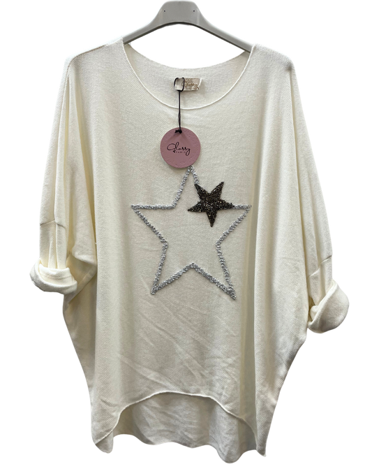 Soft Knit Curved Hem Sparkle Star Design Jumper Top in Off White Cream