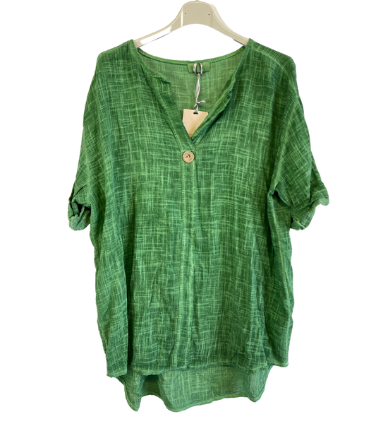 Oversized Cotton & Linen Blend One Button Top in Green