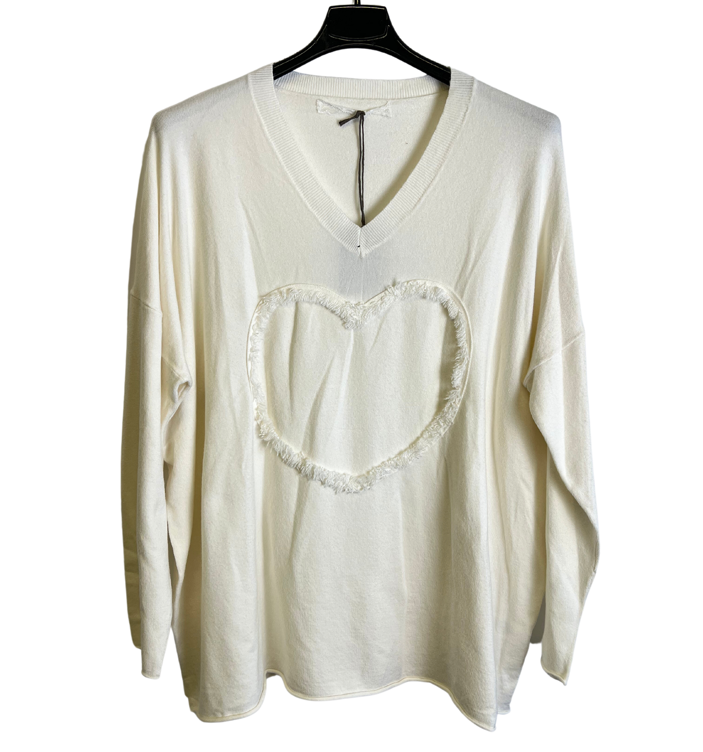 Soft Knit Embossed Heart Design V-Neck Jumper in Off-White Cream