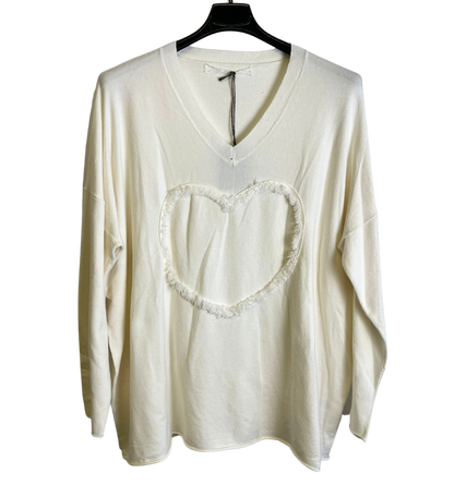 Soft Knit Embossed Heart Design V-Neck Jumper in Off-White Cream