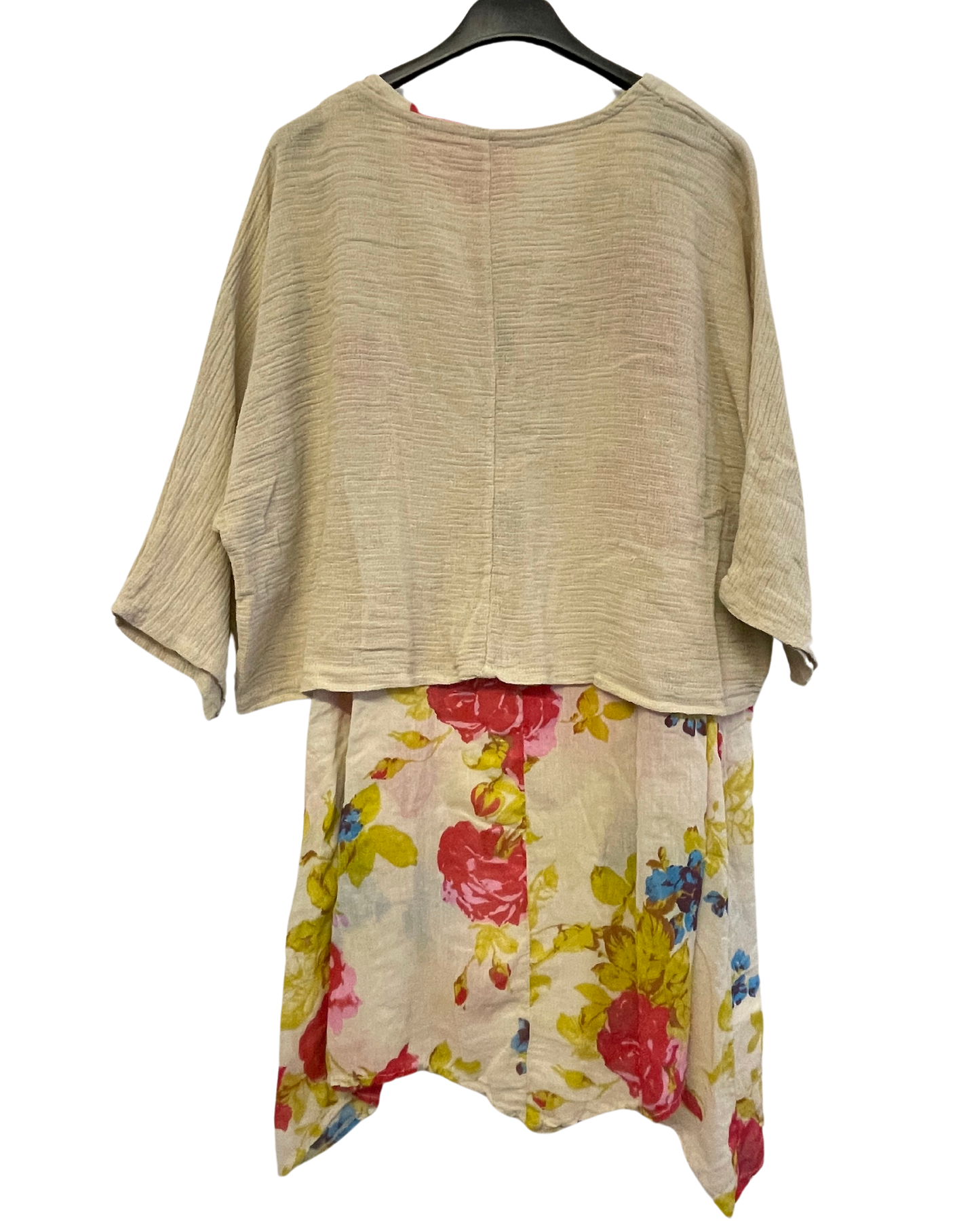 2 Piece Floral Dress Asymmetric Hem with Plain Top in Beige