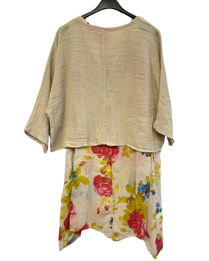 2 Piece Floral Dress Asymmetric Hem with Plain Top in Beige