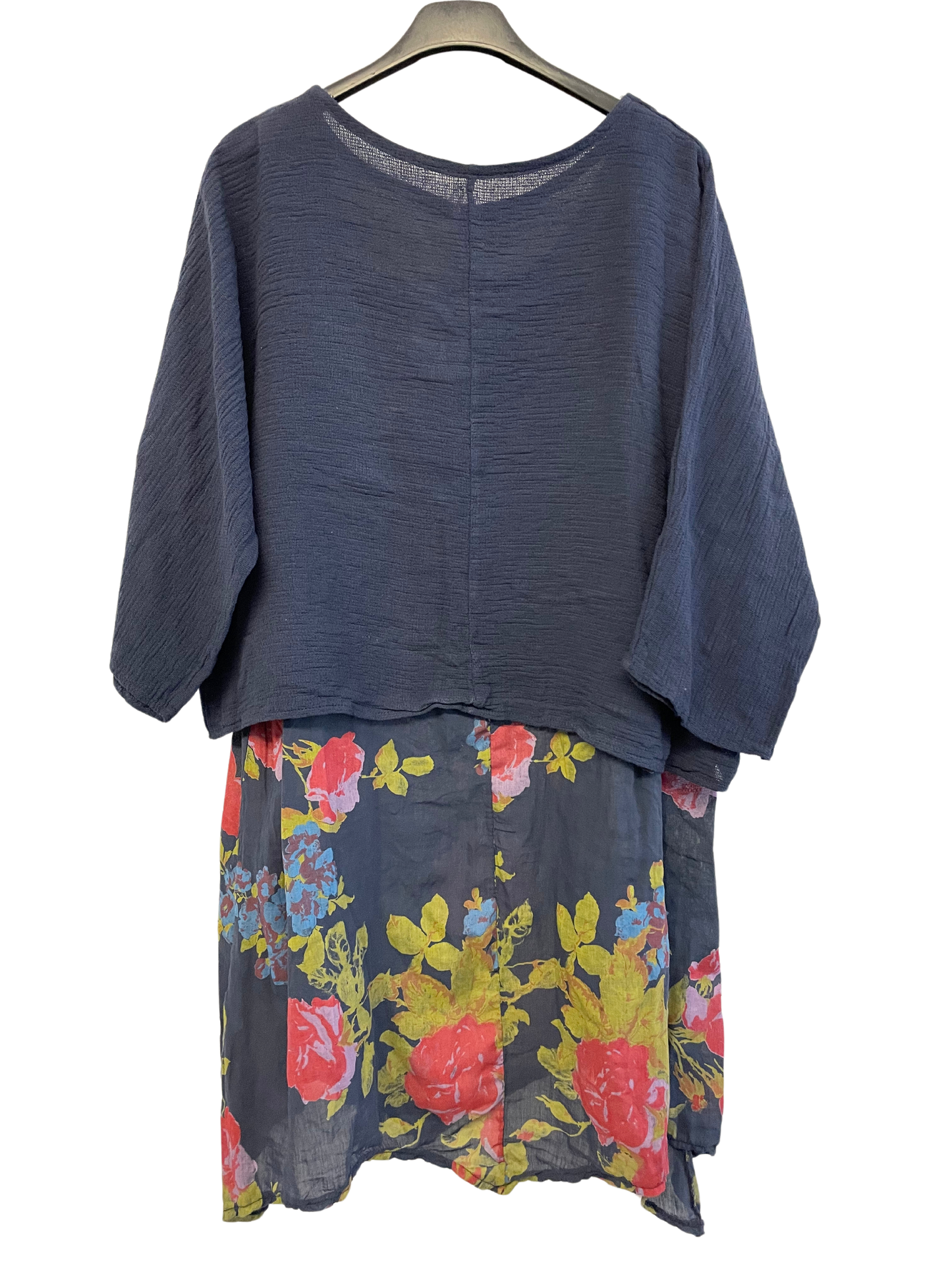 2 Piece Floral Dress Asymmetric Hem with Plain Top in Navy