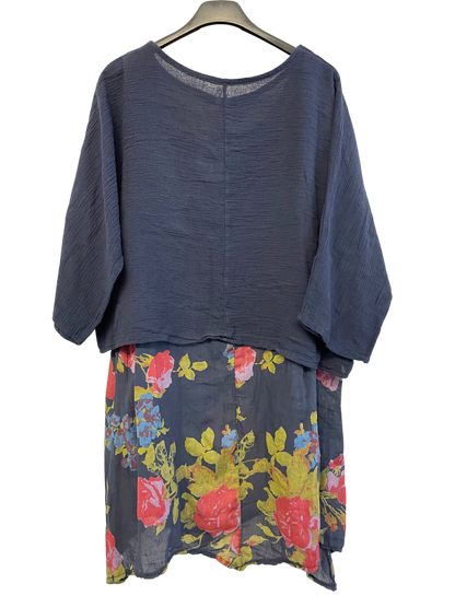 2 Piece Floral Dress Asymmetric Hem with Plain Top in Navy