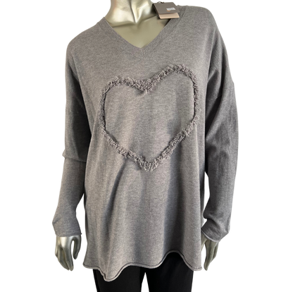 Soft Knit Embossed Heart Design V-Neck Jumper in Grey