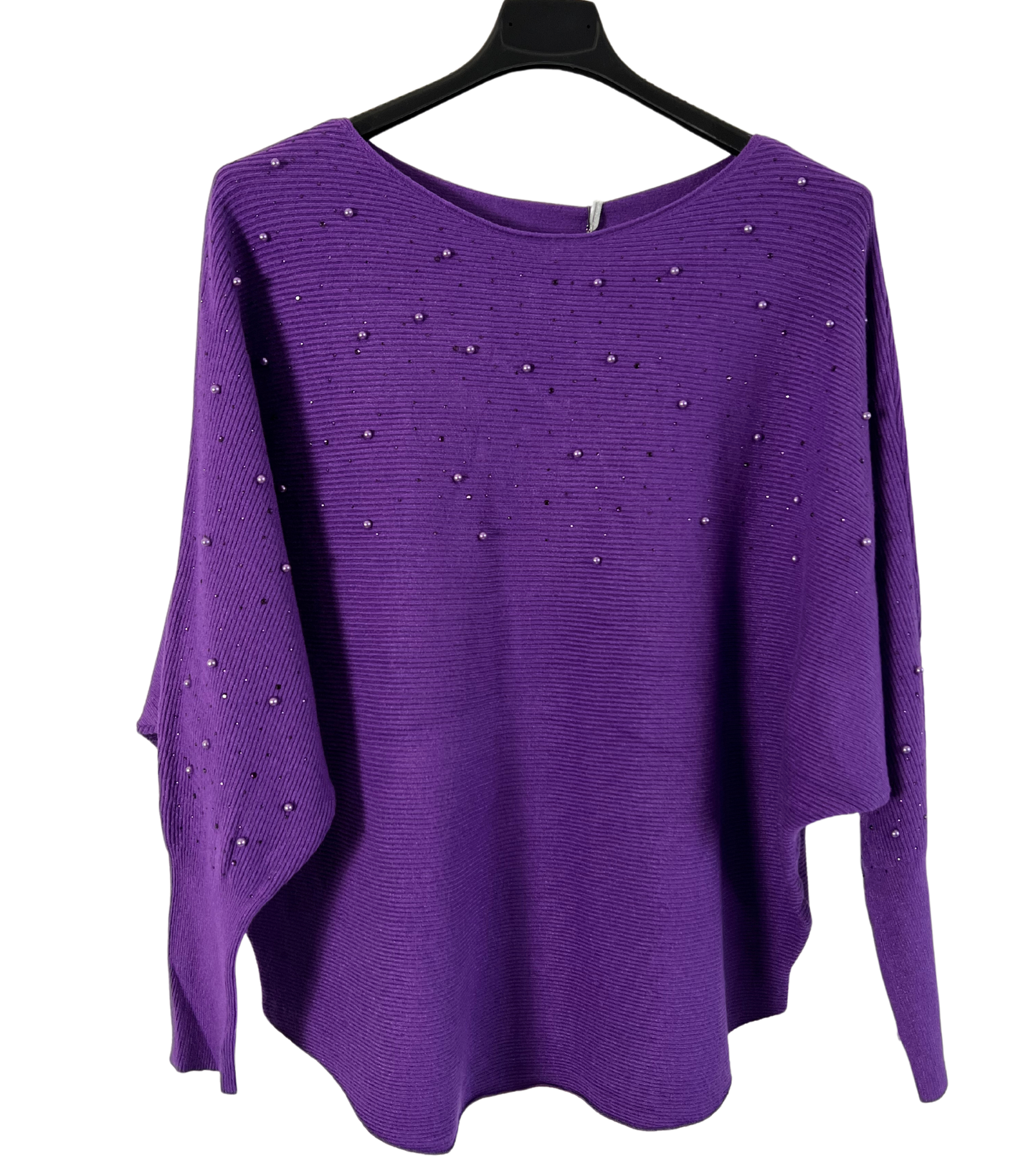 Autumn Pearl Sequin Design Batwing Sleeve Ribbed Knit Jumper in Purple