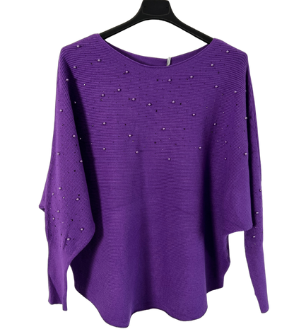 Autumn Pearl Sequin Design Batwing Sleeve Ribbed Knit Jumper in Purple