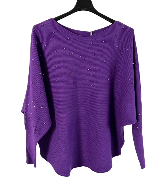 Autumn Pearl Sequin Design Batwing Sleeve Ribbed Knit Jumper in Purple