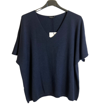 Soft Basic Casual V-Neck Jumper with Short Sleeves in Navy