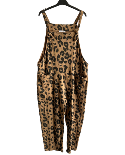 2 Pocket Animal Leopard Print Summer Dungarees In Camel