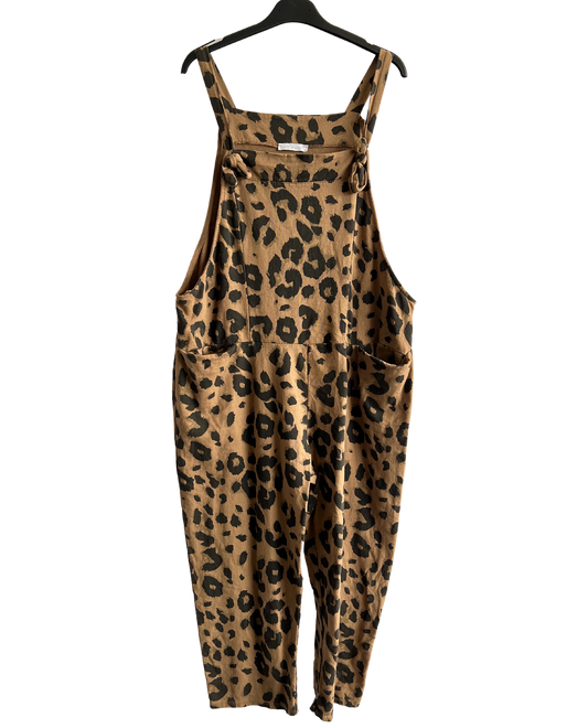 2 Pocket Animal Leopard Print Summer Dungarees In Camel