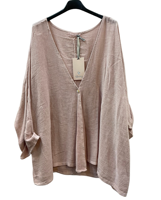 Overtop/Cardigan Layering Linen One Button Long Sleeve Top In Pink