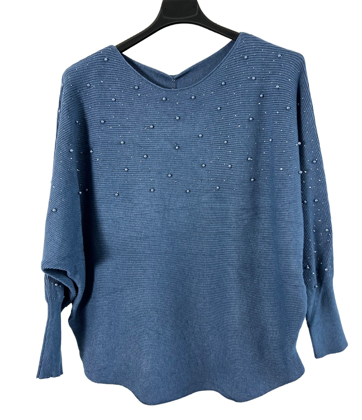 Autumn Pearl Sequin Design Batwing Sleeve Ribbed Knit Jumper in Denim